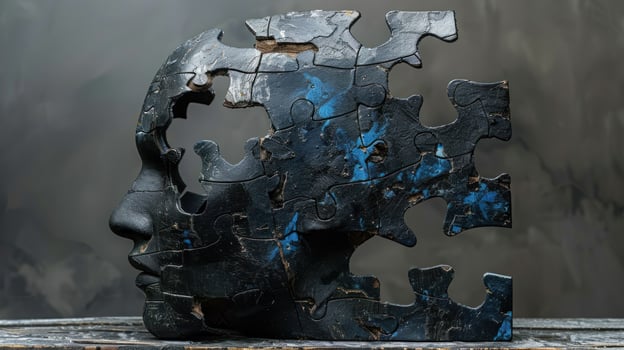 Mysterious black and blue face sculpture with missing pieces evokes incompleteness photo