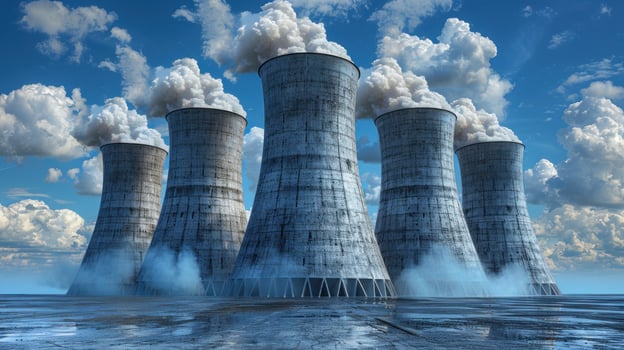 Five large cooling towers release steam into the air against a bright blue sky with fluffy white clouds photo