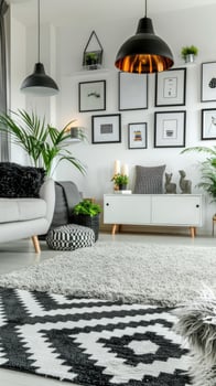 a living room interior featuring a modern grey sofa, armchair, and coffee table, decorated with flowers against a white wall background. photo