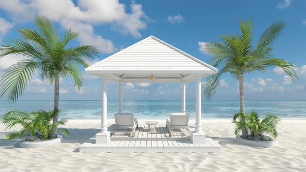 a peekaboo white gazebo with a roof and wooden platform on the beach, surrounded by lounge chairs and canopies, perfect for relaxation. photo