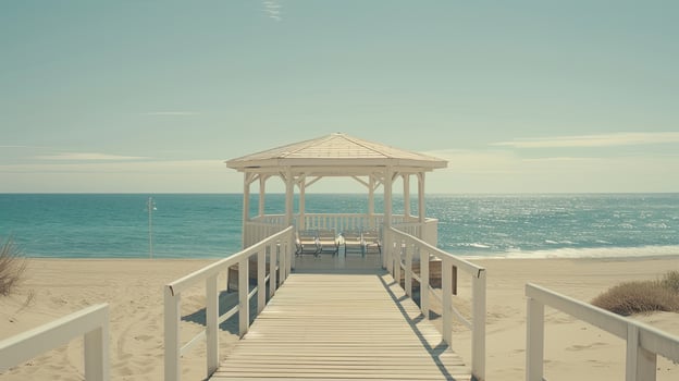 a peekaboo white gazebo with a roof and wooden platform on the beach, surrounded by lounge chairs and canopies, perfect for relaxation. photo
