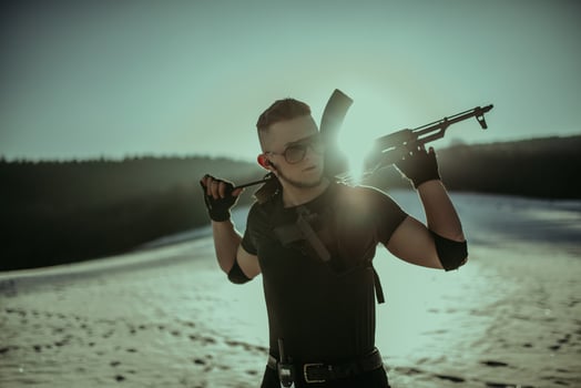 Special forces soldiers with weapon take part in military maneuver. war, army, technology and army concept photo