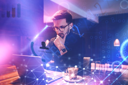 Big data management, digital technology, software development concept. Computer programmer, software engineer programming on laptop, data processing with computer code, technology background photo
