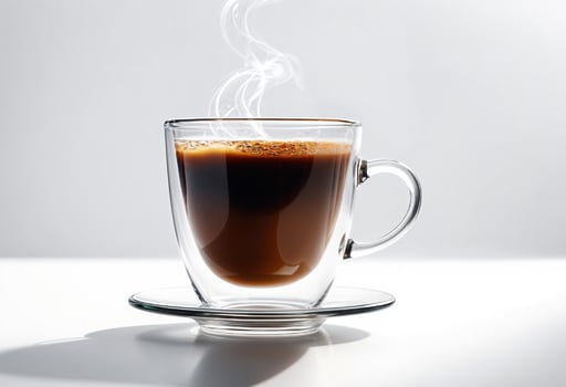 A steaming hot cup of coffee in a clear glass cup in white backdrop photo