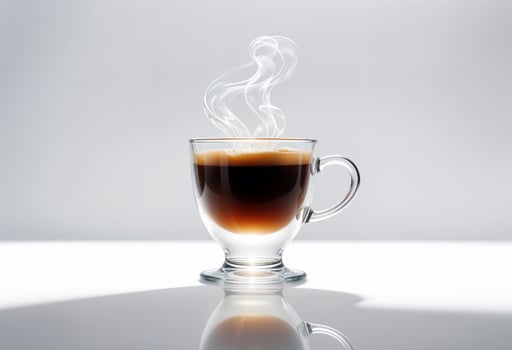 A steaming hot cup of coffee in a clear glass cup in white backdrop photo