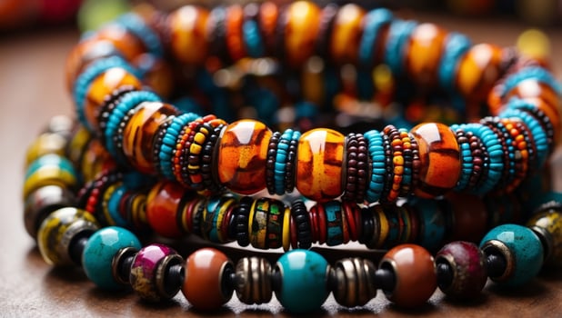 A stack of colorful beaded bracelets photo