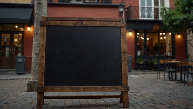 Blank blackboard shop sign mock up in front of a restaurant, cafe and shop menu on the street. photo