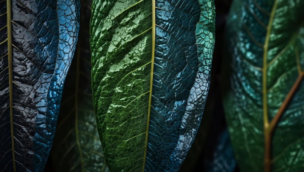 Colorful blue green macro foliage leaf vein texture background, abstract natural texture colorful banner. photo
