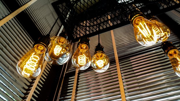 A bunch of light bulbs hanging from the ceiling photo