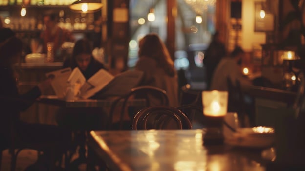 Dimly lit cafe with hazy figures reading books and newspaper photo