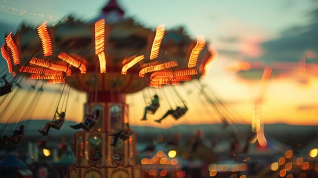 A hazy view of the spinning swing ride at sunset photo