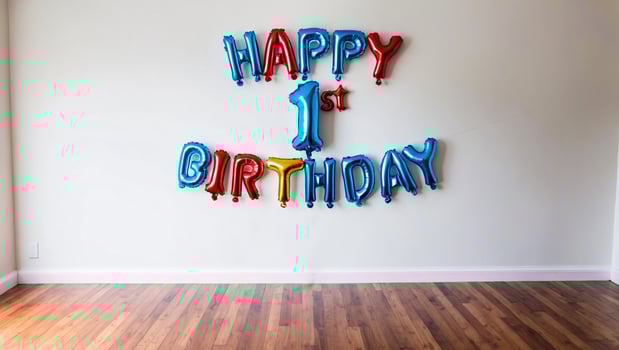 Happy 1st Birthday Balloons on a White Wall photo