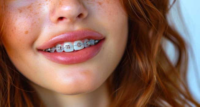 Young girl with red hair shows her smile with braces on her teeth. photo