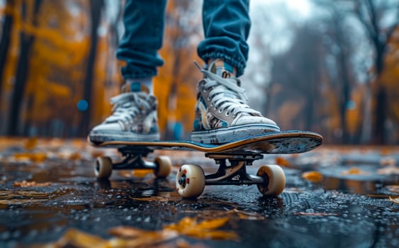 Young man riding skateboard in the park in autumn photo
