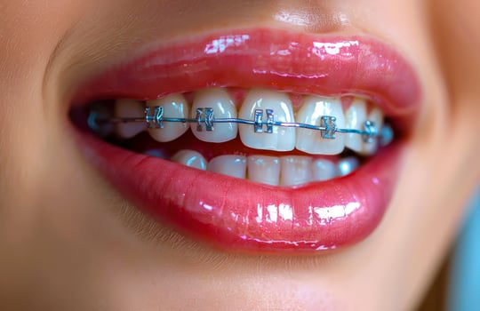 Woman smiles with braces on her teeth. photo