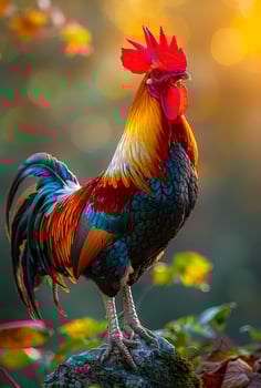 Rooster or Fighting cock on the rock with autumn leaves photo