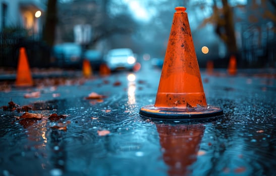 Orange traffic cone on the wet road photo