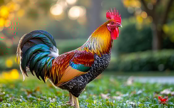 Beautiful rooster is standing on the grass in the morning photo