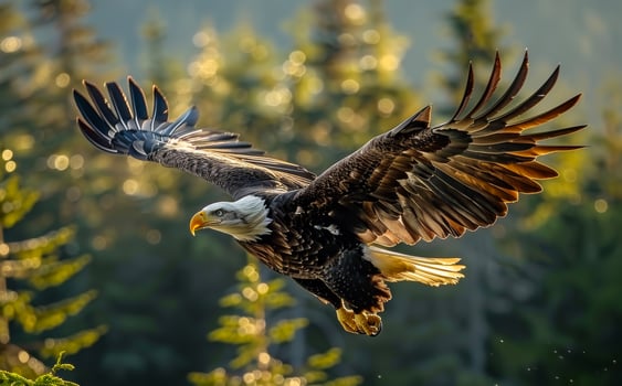 Bald Eagle flying low over the forest photo