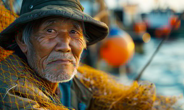Portrait of old fisherman with fishing net photo