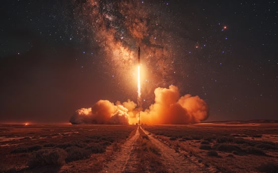 Rocket launching into space and milky way on the background photo