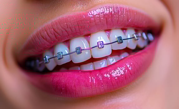 Close-Up of Teeth With Braces. Close-up photo of a persons mouth with braces, showing the metal brackets and wires on their teeth.