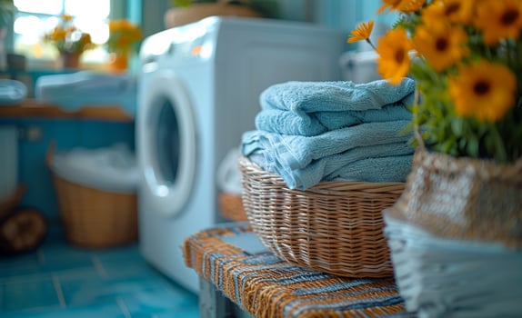 Laundry Basket With Towels in Bathroom photo