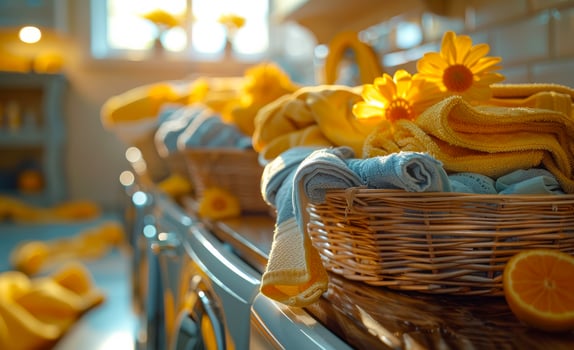Towels and Flowers in a Basket on a Countertop photo