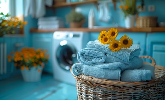 Blue Towels in Laundry Room. A wicker basket filled with folded blue towels adorned with sunflowers in a laundry room. photo