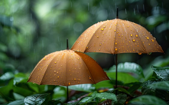 Two Umbrellas in the Rain. Two brown umbrellas stand in a lush green forest, wet with rain. photo