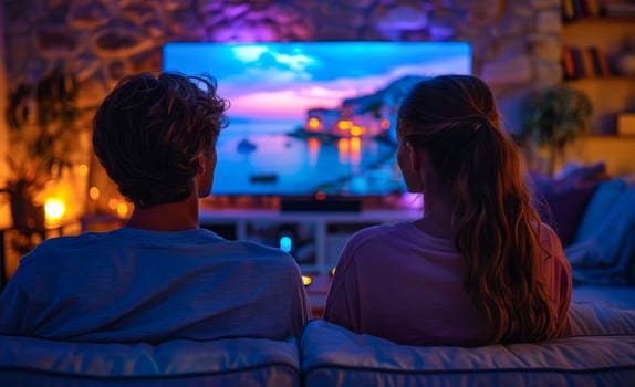 Couple Watching Television in Evening. A couple watches television in their living room, illuminated by the glow of the screen. photo