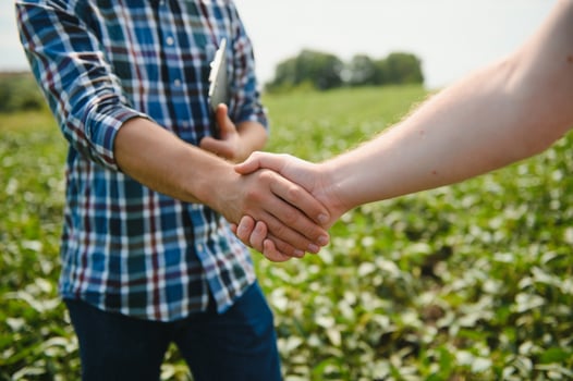 Two farmers shaking hands in soybean field in early summer photo