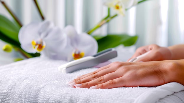 Woman hand after manicure laying on white towel photo