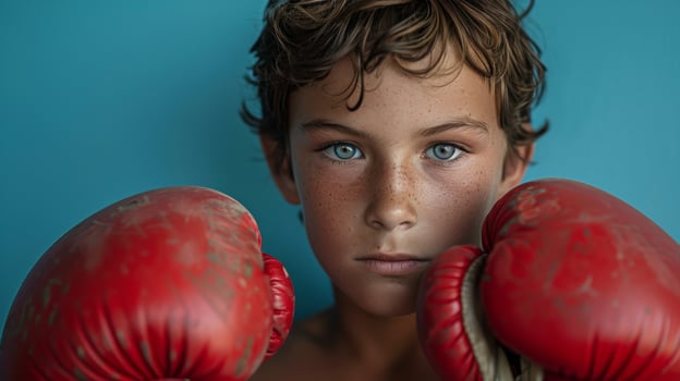 Young Boy With Blue Eyes in Red Boxing Gloves photo