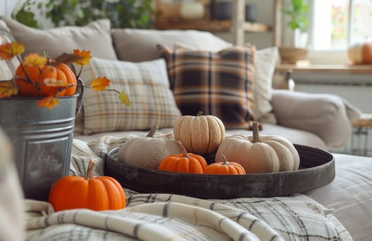 Cozy Fall Living Room Decor With Pumpkins and Blanket photo