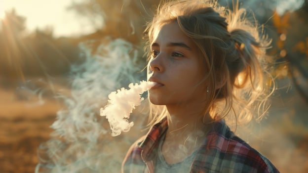 Young Girl Smoking Cigarette in Field photo