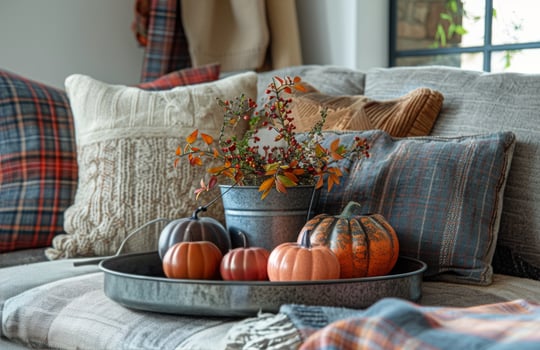Small Pumpkins In A Metal Bowl On A Cozy Couch photo