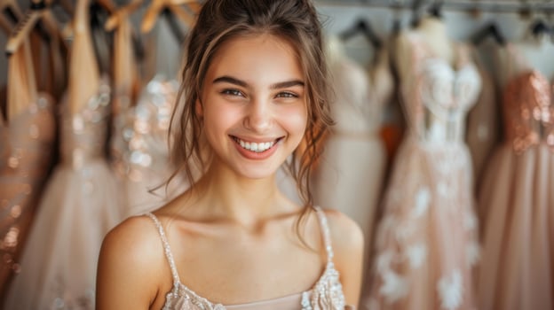 Woman Standing in Front of Wedding Dresses photo