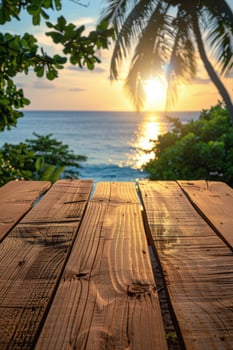 Wooden Table Overlooking Ocean photo