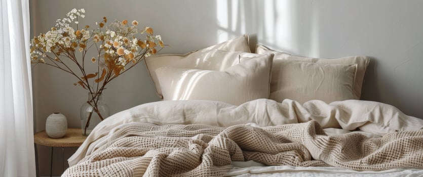 White Bed With Dried Flower Arrangement in a Modern Bedroom photo