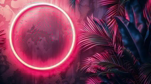 Pink Neon Circle Surrounded by Palm Leaves photo