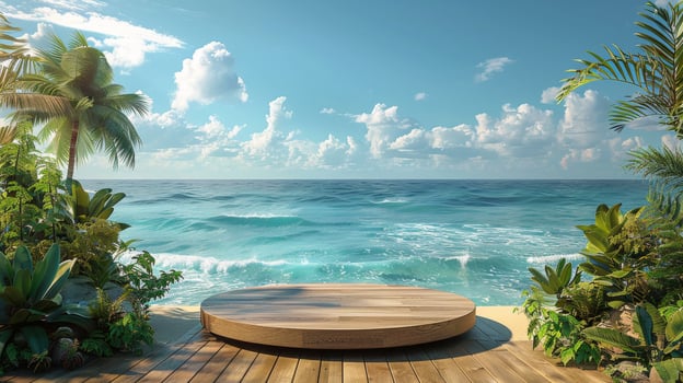 Wooden Table in Lush Green Forest photo