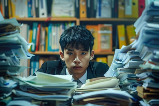 A man is sitting in a room with a lot of papers and books photo