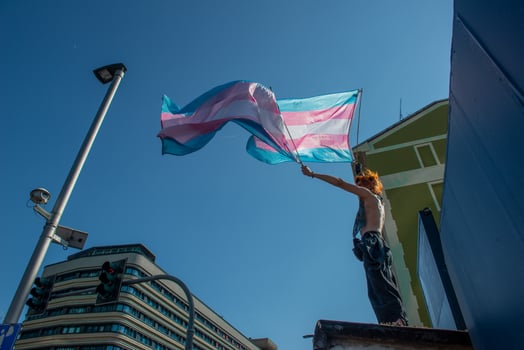 Milan Italy 2024 Transsexual girl protesting by waving the flag for gender freedom photo