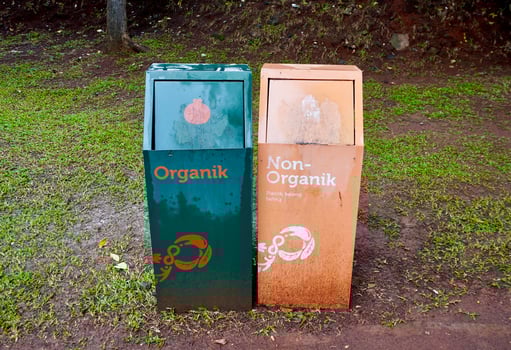 Green and orange colored organic and non organic metal trash garbage bin isolated on horizontal ratio outdoor park soil and grass ground surface background. photo
