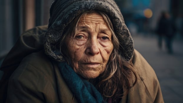 a homeless old woman with a scarf and hat on the street photo