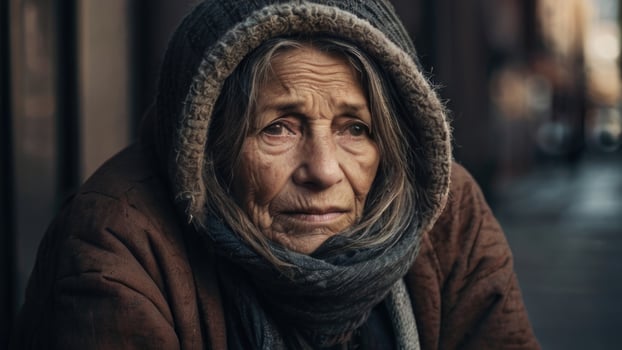 a homeless old woman with a scarf and hat on the street photo