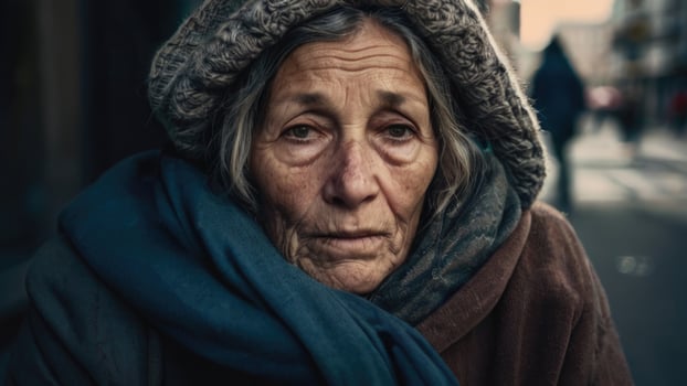 a homeless old woman with a scarf and hat on the street photo