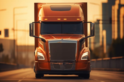 a large orange semi truck driving down the road photo
