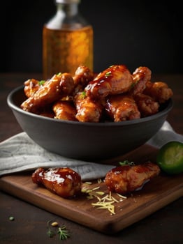 chicken wings with honey on a wooden board photo